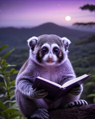 Naklejka premium A purple pygmy slow loris in a galactic dawn plateau reading a book.