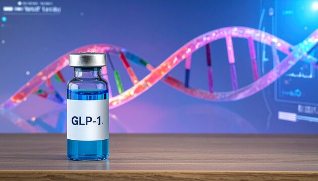 Medical vial with glp-1 label standing on wooden desk against DNA strand background pharmaceutical research drug development