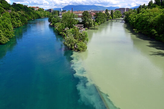 Geneva, Switzerland, Europe - 05.2026 : Geneva Jonction - Rhone and Arve rivers connection, Rhone - left in green colour and Arve - at right milky colour, from there one river Rhone flows further