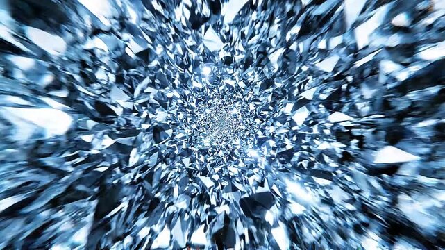 Abstract tunnel of blue diamond shards moving fast through a digital space with light streaks creating a futuristic and vibrant portal effect.