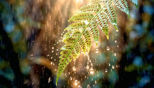 Close-up image of a singular raindrop resting on a lush green fern frond within a dimly lit, damp tropical rainforest