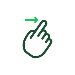 Fototapeta premium Hand swipe right arrow gesture icon green flat line color vector illustration of touch screen mobile user interface app navigation flick control isolated on white background symbol