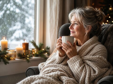 &Auml;ltere Frau genie&szlig;t ein warmes Getr&auml;nk am verschneiten Fenster bei Kerzenlicht. Ruhiges Motiv f&uuml;r Weihnachtszeit, Gem&uuml;tlichkeit, Entspannung und besinnliche Wintermomente.