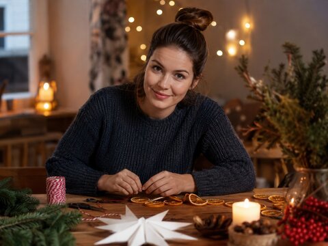 Frau bastelt festliche Weihnachtsdekoration mit getrockneten Orangenscheiben, Tannengr&uuml;n und Kerzenlicht. Kreatives DIY-Motiv f&uuml;r Advent, Vorweihnachtszeit und nat&uuml;rliche Deko.