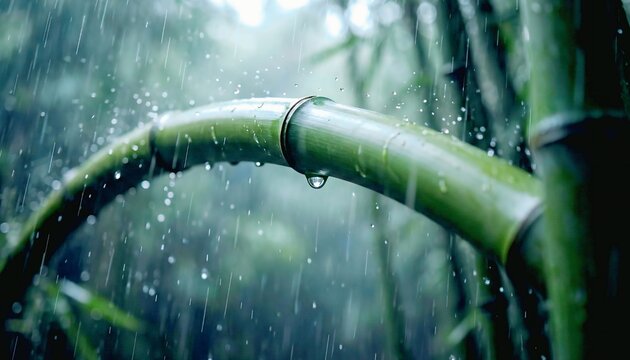 Close-up of heavy rainfall drenching stalks of green bamboo in a thick, secluded forest grove