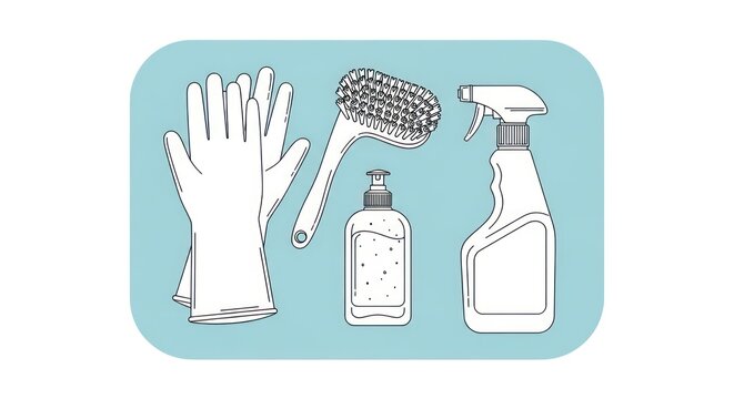 Cleaning Supplies Set: Gloves, Brush, Soap Dispenser, and Spray Bottle on Light Blue Background