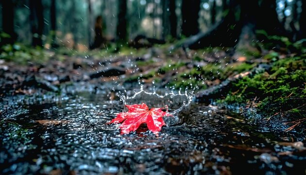 Detailed close-up of water droplets hitting a deep red autumn leaf nestled in a wet woodland puddle