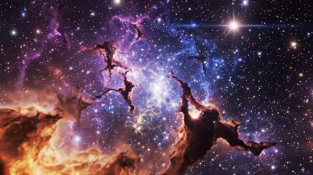 Stunning nebula and starry sky in deep space, cosmic clouds and glowing stars create breathtaking interstellar landscape for science and fantasy.