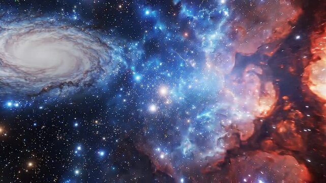 Zooming through vibrant nebula and spiral galaxy with stars streaking past creating sense of fast travel and exploration in deep space.