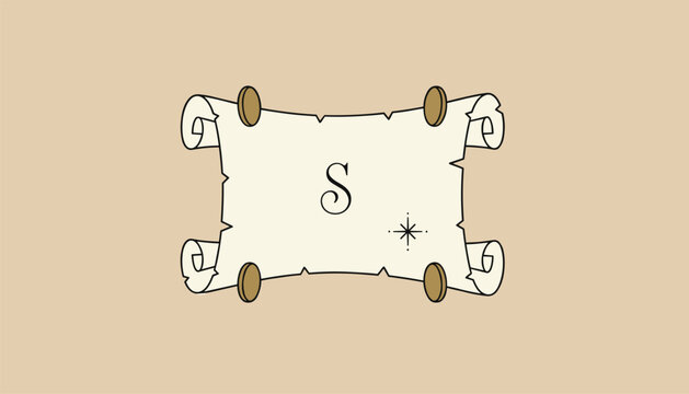 Antique parchment paper scroll map pinned down with gold brass tacks featuring a compass star and letter S on a light beige background.