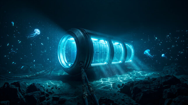 Subsea modular data center capsule submerged in deep ocean seabed with glowing blue server racks and bioluminescent jellyfish for sustainable cloud computing infrastructure and green technology banner