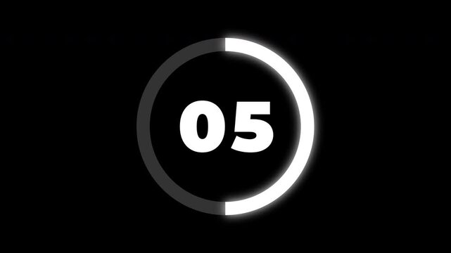 Minimalist 10 second countdown timer animation featuring white digits and a circular loading bar on a black background for easy alpha channel transparency and video editing