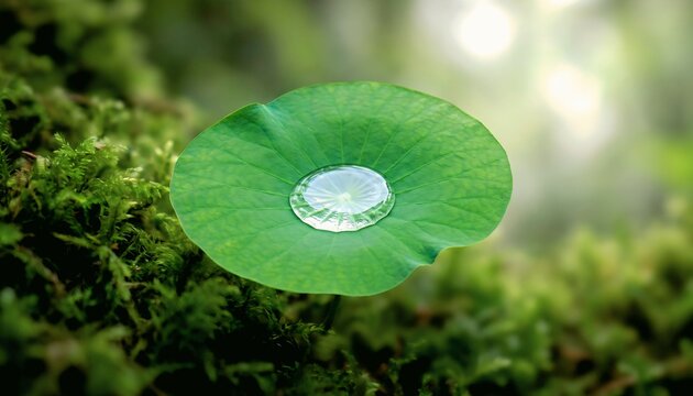 Rain water pooling on a green lotus leaf in a wetland forest
