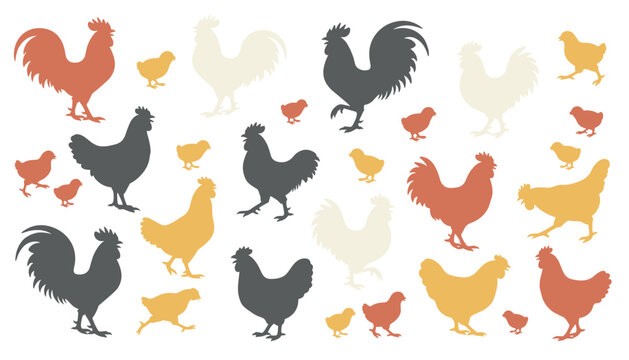 Multi-colored pattern of chicken silhouettes including roosters, hens, and chicks in warm earthy colors on white.