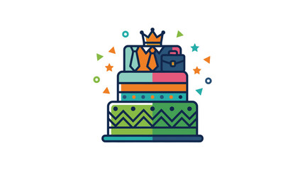 Fototapeta premium Corporate business birthday cake with crown and tie icons.