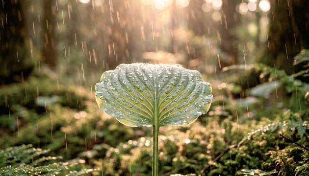 Sunlit rain falling on a wet broadleaf plant in a forest during golden hour