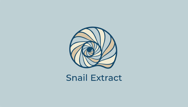 Logo design for snail extract cosmetic product featuring an abstract pastel colored seashell on a blue background.