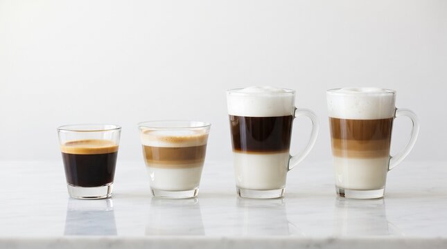 Four different coffee drinks in clear glass mugs showing espresso latte macchiato
