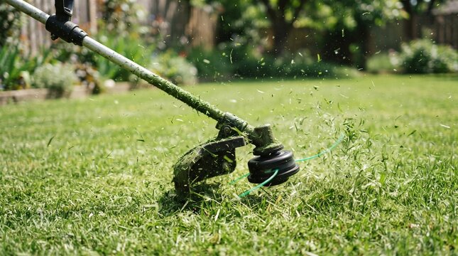 Gas lawn trimmer cutting green grass with flying debris in a sunny backyard garden setting
