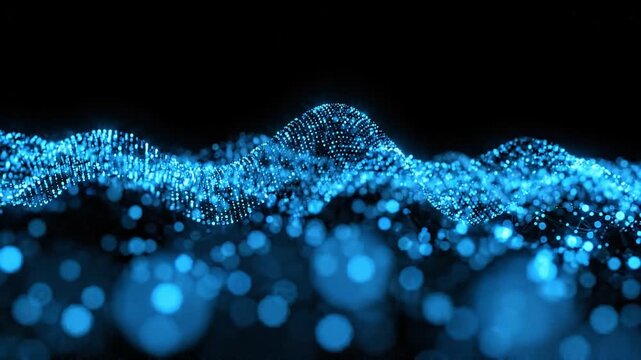 Abstract digital wave of blue glowing particles flowing and shimmering on dark background, technology concept, futuristic motion graphic.
