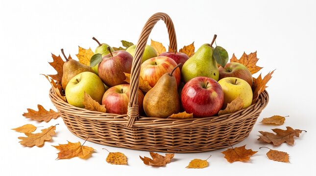 Harvest basket overflowing with ripe apples and pears surrounded by autumn leaves