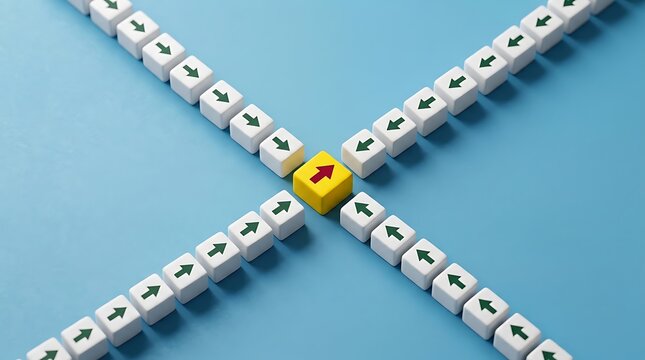 White cubes with arrows converging on a single yellow cube representing leadership and focus.