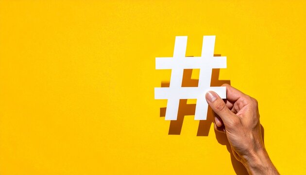 Hand holding a white paper hashtag symbol against a yellow background with social media flat lay cut out communication