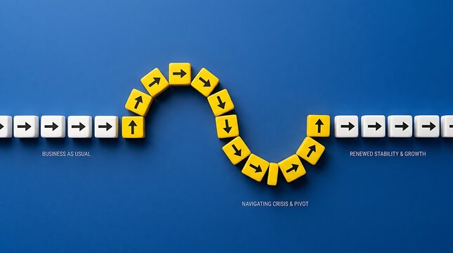 Yellow cubes forming a wave pattern with arrows on a blue background for business strategy.