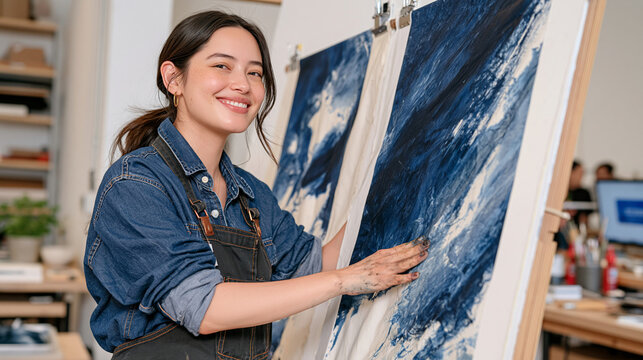 A fabric dyer works in a stark white studio environment, hands stained deeply from indigo vats, two finished textile panels hanging side by side showing raw undyed cloth versus richly saturated fini
