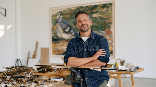 A fletcher stands in a minimalist studio surrounded by scattered wooden shafts, feather vanes, and adhesive tools left mid-project, aftermath framing showing a single completed arrow resting perfect