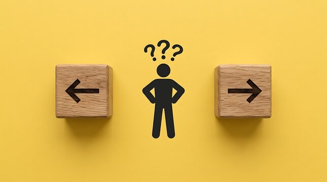 Person icon with question marks and wooden blocks showing opposite directions for choice