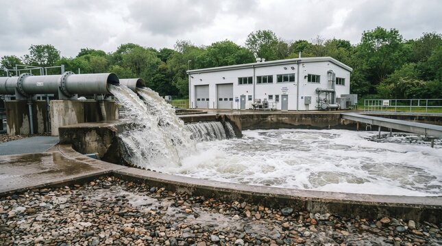 Industrial water treatment facility with large pipes discharging purified water into a basin