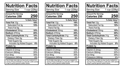 Fototapeta premium Nutrition Facts Label Close up of Three Identical Food Product Labels for Health and Dietary Information