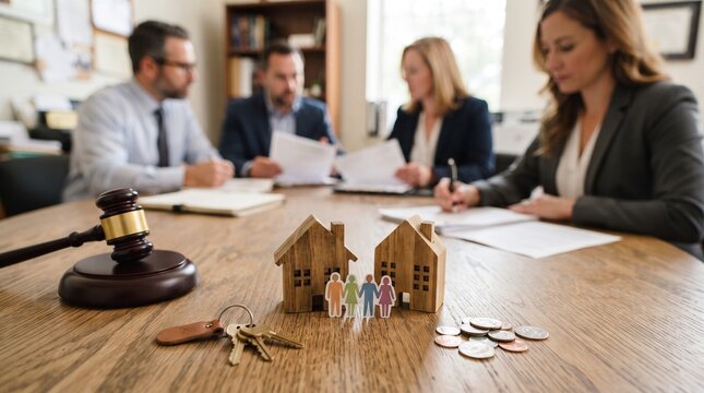 Legal consultation with real estate agents and clients discussing contracts at a wooden table