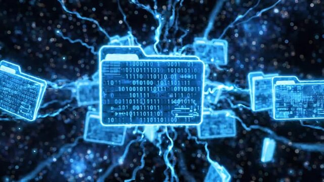 Digital data folders flying through starry cyberspace network with blue electric connections futuristic concept for information technology and data transfer motion graphics.