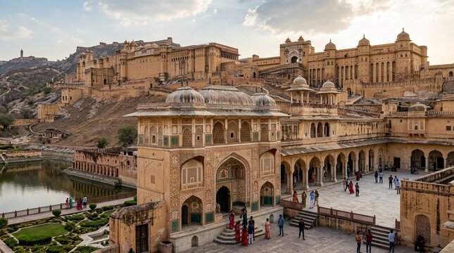 Amber Fort Rajasthan India: Majestic Architecture, Courtyard, Tourists, Lake View
