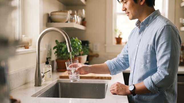 Man standing in modern kitchen filling glass with fresh filtered water from stainless sink faucet