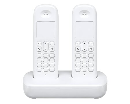 Cordless Telephone Pair with Two Blank Handsets and Shared Charging Base on Pure White Background