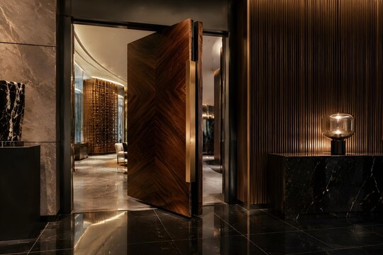 Upscale Lobby Swivel Door With Glossy Black Stone Flooring Warm Indirect Lighting And Elegant Details