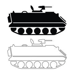 Naklejka premium An M113 Armored personnel carrier military tank vehicle icon set in black silhouette and outline vector illustration