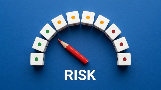 Red pencil pointing at a risk gauge meter made of colorful wooden blocks on blue background