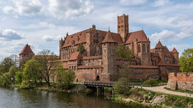 Gothic Castle Fortress by River, Medieval Architecture, Historic Landmark