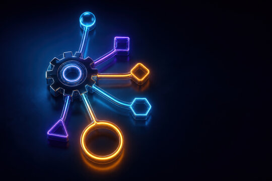 Neon Intelligent Automation Network with Gear and Connected Workflow Process Icons