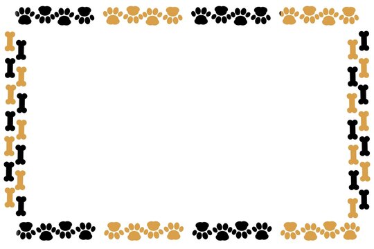 Black and gold dog paw print and bone border pattern, creating a stylish pet-themed decorative frame for invitations, cards, posters, packaging, banners, and canine designs.