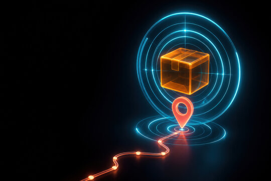 Neon Parcel Tracking Icon with Package Route and Location Pin for Delivery Logistics