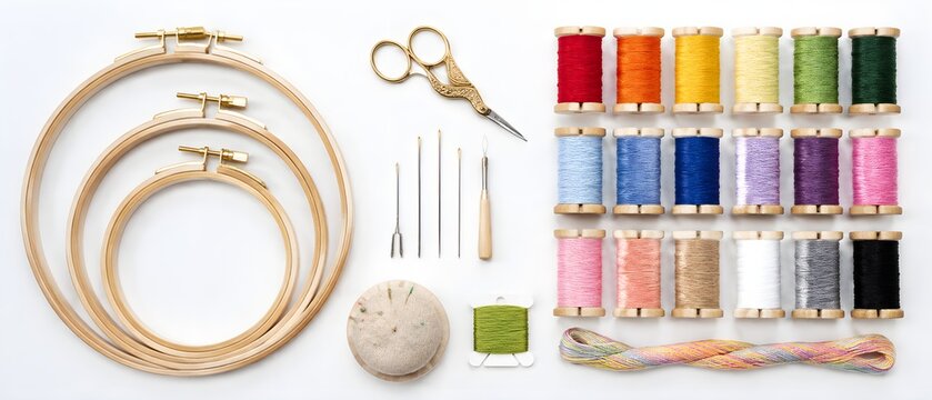 Embroidery Equipment Collection With Wooden Hoops Scissors Needles And Colorful Thread Spools Product Photography Display