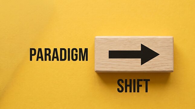 Wooden block with Paradigm Shift text and arrow icon on yellow background for business growth.