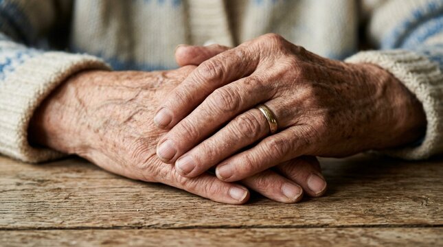 Elderly hands crossed, showing wrinkles and wedding ring on wooden table