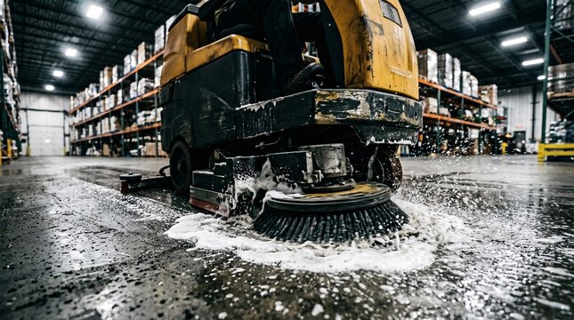 Floor scrubbing machine cleaning a concrete warehouse floor with soapy foam and water spray under factory lights with crisp detail.