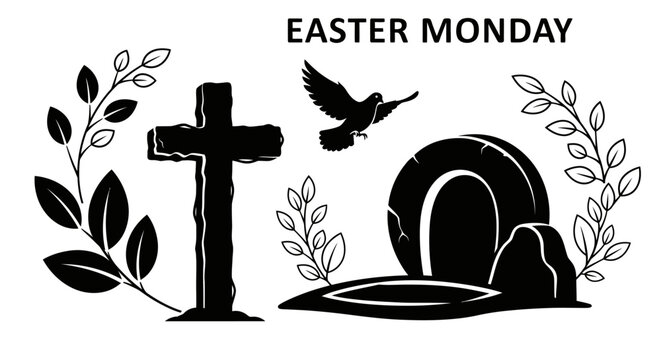 Easter monday celebration with cross tomb with depicts black white monday graphic tomb dove christianity holiday leaves symbol